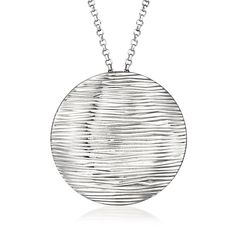 Ross-Simons - Italian Sterling Silver Ridged-Circle Necklace. 18". Crafted in Italy, our stunning necklace will set you apart from the crowd. A sizable circle of sterling silver boasts textured and polished finishes, suspended from a rolo chain with a 2" extender. Dressed up or down, it will make a dramatic impression. Lobster clasp, sterling silver ridged-circle necklace. Fine Jewelery, Timeless Jewelry, Circle Necklace, Rolo Chain, Stunning Necklace, Fine Jewellery Necklace, Modern Woman, Lobster Clasp, Contemporary Style