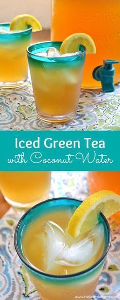 two glasses filled with iced green tea and lemon water on top of a patterned table cloth