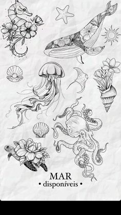 an image of marine animals and sea creatures in ink on paper with the words mar disponives