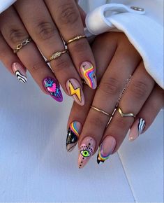 Nail Symbols Art Designs, 3rd Eye Nail Art, Theme Nail Art Designs, Mixed Nail Art, Funky Summer Nail Designs, Tattoo Mixed Styles, Complicated Nail Art, Cartoon Style Nails, Unique Stiletto Nails