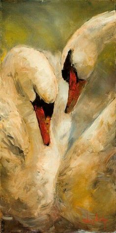 two white swans with red beaks sitting next to each other