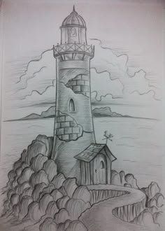 a pencil drawing of a lighthouse on the shore with clouds in the sky above it