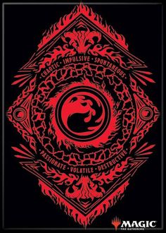 a red and black poster with an image of a dragon on it's face