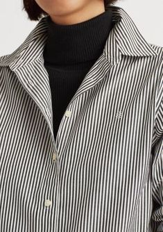 Treated with a no-iron finish, this striped shirt adorned with “LRL” embroidery is a timeless wardrobe essential. Relaxed fit Intended to hit at the hip Size medium has a 27.5 in body length and a 32.5 in sleeve length Sleeve length is taken from the center back of the neck and changes 0.75 in between sizes Point collar Buttoned placket with signature "Lauren Ralph Lauren"-engraved buttons Long sleeves with buttoned barrel cuffs Signature "LRL" embroidery at the left chest Back yoke Shirttail he Classic Blouse With Vertical Stripes And Relaxed Fit, Elegant Striped Relaxed Fit Tops, Classic Button-up Tops With Striped Collar, Classic Striped Blouse With Relaxed Fit, Classic Shirt With Vertical Stripes For Daywear, Classic Relaxed Fit Blouse With Vertical Stripes, Classic Striped Tops For Daywear, Classic Shirt With Striped Collar For Daywear, Classic Striped Shirt For Workwear