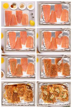 six images showing how to cook salmon in foil packets with lemons and seasonings