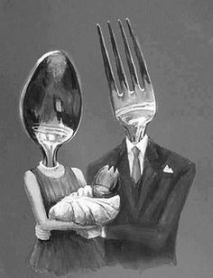 a black and white drawing of a man holding a baby in his arms with a fork on top of it