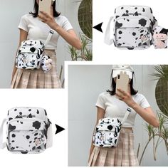 Feature:Cow printed, small casual. Canvas material, transparent splicing.Specification:Main material: CanvasSize: 200*170*75mm/7.87*6.69*2.95in Model: (1)No Pendant, (2)Plush cow pendantStraps: SingleUsage: Shoulder bag, Messenger bagApplicable: WomenOccasions: Casual, Daily, Shopping, Travel Tips: Shoulder strap adjustable.Note:1. Due to the different monitor and light effect, the actual color of the item might be slightly different from the color showed on the pictures. Thank you!2. Please allow 1-3cm measuring deviation due to manual measurement. Trendy White Phone Bag For Travel, White Portable Phone Bag For Travel, White Phone Bag For Daily Summer Use, White Shoulder Bag For School With Mobile Phone Bag, Casual White Rectangular Phone Bag, Casual White Phone Bag For Daily Use, White Casual Phone Bag For Daily Use, Cow Widget, Cow Milk