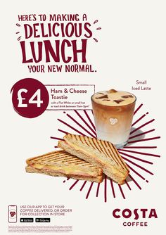 an advertisement for costa coffee featuring sandwiches and a drink