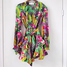 Authentic Bronx And Banco Bedouin Miami Mini Dress New Without Tags Size Xs (Us 2) 60% Polyester 40% Silk Retail $590 Tropical Multicolor Mini Dress For Party, Long Sleeve Dress With Tropical Print For Party, Pink Tropical Party Dress, Long Sleeve Tropical Print Party Dress, Tropical Long Sleeve Party Dress, Green Tropical Long Sleeve Dress, Tropical Long Sleeve Green Dress, Chic Pink Tropical Print Dress, Pink Tropical Print Party Dress