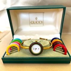 Gucci Watch Brand New Working Battery Perfect Working Condition Free Shipping Interchangeable Bezels 11 Colors (Does Not Include Black Bezel) Vintage Collectible Item Vintage Gucci Watch Interchangeable, Gucci Interchangeable Watch, Gucci Yellow Gold Watch With Diamond Hour Markers, Gucci Gold Jewelry With Diamond Hour Markers, Formal Gucci Jewelry With Diamond Hour Markers, Gucci Classic Jewelry With Diamond Hour Markers, Vintage Gucci Jewelry, Gucci Watch, Gucci Accessories