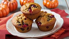 three muffins with cranberries on a white plate next to pumpkins