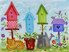 a painting of cats and birdhouses in the grass