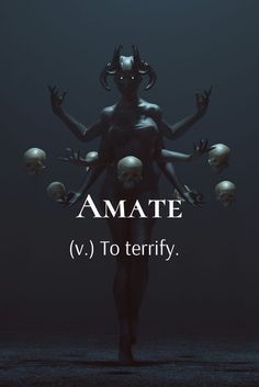 a woman standing in front of skulls with the words amate v to terrily