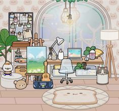 a room filled with furniture and lots of clutter on top of a rug in front of a window