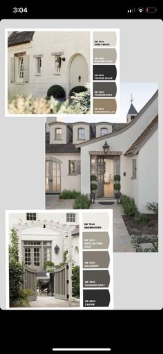 the front and back side of a house with white walls, windows, and doors