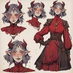 four different views of an elf's outfit with red eyes and horns on her head