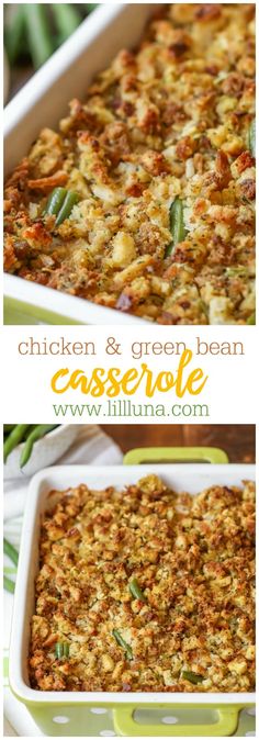 chicken and green bean casserole in a white baking dish with text overlay