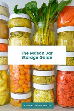 the mason jar storage guide with jars full of vegetables and pasta in them, all labeled