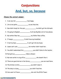 the worksheet for conjunctions with pictures and words on it, including an image of