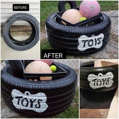 an old tire turned into a planter filled with balls and other things to decorate