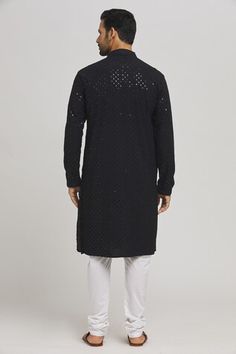 Black cotton kurta with mirror and thread embroidered geometric pattern. Comes with churidar. - Aza Fashions Black Chikankari Chanderi Sherwani, Transitional Black Kurta With Mirror Work, Black Embroidered Cotton Sherwani, Black Straight Kurta With Motifs, Black Kurta With Motifs For Navratri, Black Kurta With Motifs For Diwali, Men Kurta, Cotton Kurta, Churidar