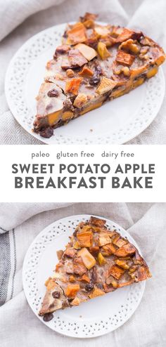 a slice of sweet potato apple breakfast bake on a white plate