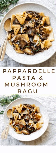 pasta with mushrooms and sauce in a white bowl