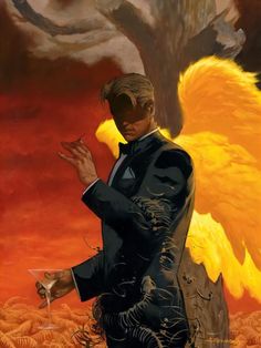 a painting of a man in a suit with an angel wings on his back and hands out