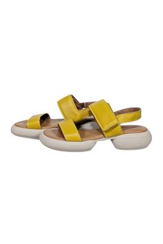 Slip into the weekend with these UnLace yellow and cream strappy sandals! With a cream platform sole and vibrant yellow straps, these sandals are sure to become your weekend favorites. Perfect for a relaxed and playful look, these sandals are a must-have for your shoe collection. Size 10 (IT 40) Made in Italy Velcro strappy sandal Open toe Comes with box Toe to heel 11" Yellow Cream, Strappy Sandals, Shoe Collection, The Weekend, Open Toe, In Italy, Size 10, Italy, Sandals