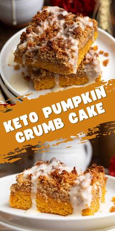 two pieces of keto pumpkin crumb cake on white plates with text overlay