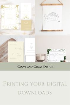 the wedding stationery is shown with gold foil and white paper