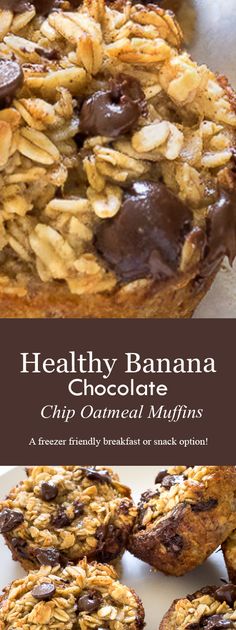 healthy banana chocolate chip oatmeal muffins on a white plate with text overlay