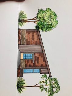 a drawing of a house with trees on the roof and one tree growing out of it