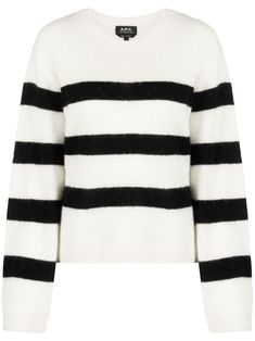 white/black alpaca wool-blend knitted construction horizontal stripe pattern crew neck long sleeves ribbed cuffs and hem Crew Neck Jumper, Stripes Pattern, A P, Size Clothing, Alpaca, Clothing Brand, Wool Blend, Knitted Sweaters, White Black