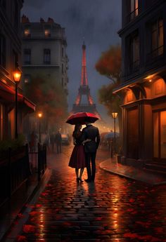 two people standing under an umbrella in front of the eiffel tower at night