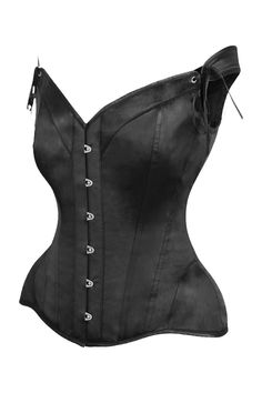 Fullbust corset made of premium satin fabric Front Busk Closure Sweetheart Neckline Adjustable Straps 6" Modesty Panel Spiral Steel Bones throughout body of corset Flat steel bones at front and back Ribbon lace-up back for cinching Waist Tape Hand Wash Elegant Underbust Corset For Costume Party, Gothic Fitted Corset With Hook And Eye Closure, Fitted Corset With Straps For Costume Party, Gothic Fitted Corset With Straps, Boned Bodice For Costumes, Elegant Underbust Corset With Medium Bust Support, Black Fitted Underwire Corset, Fitted Corset With Boned Bodice And Underwire, Elegant Overbust Corset With Lined Body