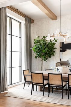 a dining room table with chairs and a potted plant in the middle of it