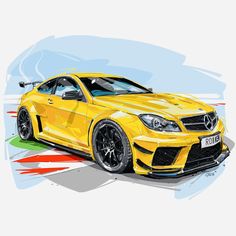 a yellow sports car is shown in this artistic drawing style illustration, which depicts the front end of a mercedes benz coupe