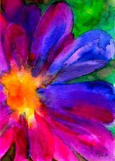 a painting of a purple flower with green leaves and watercolors on the petals