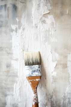 an old paintbrush with white bristles on it against a dirty, peeling wall