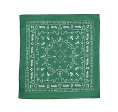 a green bandanna with white designs on it