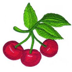 three cherries with green leaves on the top and one red cherry on the bottom