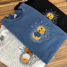 Sun And Moon Sweatshirt Machine Embroidered Sweatshirt Ideas, Blue Embroidered Crew T-shirt, Cotton Crew Neck Top With Embroidered Patch, Blue Embroidered T-shirt For Fall, Crew Neck Tops With Embroidered Patch For Streetwear, Winter Cotton Tops With Embroidered Patch, Winter Cotton Top With Embroidered Patch, Moon Sweatshirt, Clothing Diy