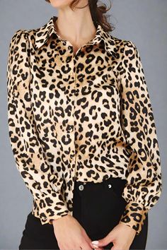 Satin Leopard Blouse - Premium variable from Tooksie - Just $29.99! Shop now at Tooksie Spring Leopard Print Workwear Blouse, Elegant Leopard Print Blouse For Spring, Trendy Long Sleeve Leopard Print Blouse, Leopard Print Blouse For Fall, Chic Leopard Print Blouse For Fall, Chic Leopard Print Tops For Work, Fall Tiger Print Tops, Elegant Leopard Print Blouse For Fall, Chic Fall Tiger Print Tops