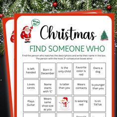 Printable Christmas Games, Find Someone Who   WHAT YOU GET Printable Christmas Games in both 5 × 7" Size and 8.5 x 11" (2 per page) HOW IT WORKS: After purchase, you will receive a download link where you will access your PDF files in 8.5 × 11 and 5 x 7 inches (printed as 2 games on an 8.5 by 11 Inch paper or A4) inches size that you can print at home or at the printing shop. You will also receive an email from Etsy with your download(s) or feel free to log in to your account to access your downloads at any time.  It prints beautifully! --THIS IS A DIGITAL DOWNLOAD. NO PHYSICAL ITEM WILL BE SHIPPED TO YOU.  -- THESE ARE NOT EDITABLE FILES. YOU CANNOT CHANGE ANYTHING. PRINT AS IT IS --WE DON'T OFFER CUSTOMIZATIONS. Find Someone Who Christmas Edition, Christmas Find Someone Who Game, Holiday Games For Family, Free Printable Christmas Games, Find Someone Who Bingo, Softball Christmas, Find The Guest, Christmas Bulletin Board