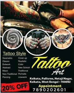 the flyer for tattoo art is shown in black and white with different tattoos on it