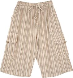 A woven cotton Capri length striped unisex half pants in beige with two deep cargo-style utility pockets on both sides.  The waistband has elastic and drawstring for flexibility across sizes and features easy pull-on styling. #tlb #Pocket #vacationclothing #beachwrap #Striped #bohemianfashion #BohemianCapri #CottonCapri #BermudaShorts Striped Beach Pants With Pockets, Cotton Beach Pants With Cargo Pockets, Beach Cotton Cargo Pants With Pockets, Cotton Cargo Pants For Beach, Cotton Cargo Pants With Pockets For Beach, Summer Beige Drawstring Cargo Pants, Striped Cotton Shorts With Pockets, Striped Short Bottoms With Pockets, Striped Cotton Shorts With Drawstring