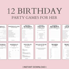 Celebrate her special day in style with our Birthday Printable Game Bundle for her! Overflowing with entertaining activities, this bundle guarantees endless laughs and unforgettable moments for all the ladies.  - YOUR PURCHASE INCLUDES - Birthday advise Birthday Trivia Dreams and Wishes Ever or Never Favorite Memory Find the guest Scattegories The world on your birthday Time capsule Whats on your phone Word scramble (answer included) Would she rather For the games, each: * 1 High resolution JPG Bday Party Activities, Adult Birthday Games, Birthday Trivia, Birthday Games For Adults, 7 Design, Birthday Activities, Birthday Party Activities, Word Scramble, Printable Game