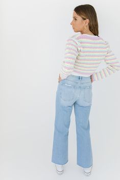 multicolor stripes // working buttons, long sleeves, cropped paired with our june set tank + about time denim model is 5'6" + wearing a small measurements are approximate + taken while laying flat small : bust 40” length 15” medium : bust 42” length 15.5” large : bust 44" length 16" more fit + fabric info : cotton, acrylic // fabric has a lot of stretch // fits true to size Trendy Striped Cropped Sweater For Spring, Trendy Multicolor Cropped Sweater For Spring, More Than Friends, Acrylic Fabric, About Time, Large Bust, Small Bust, Sale Items, Final Sale