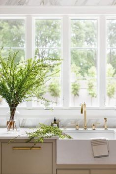 a white kitchen sink sitting under a window next to a counter top with plants in it